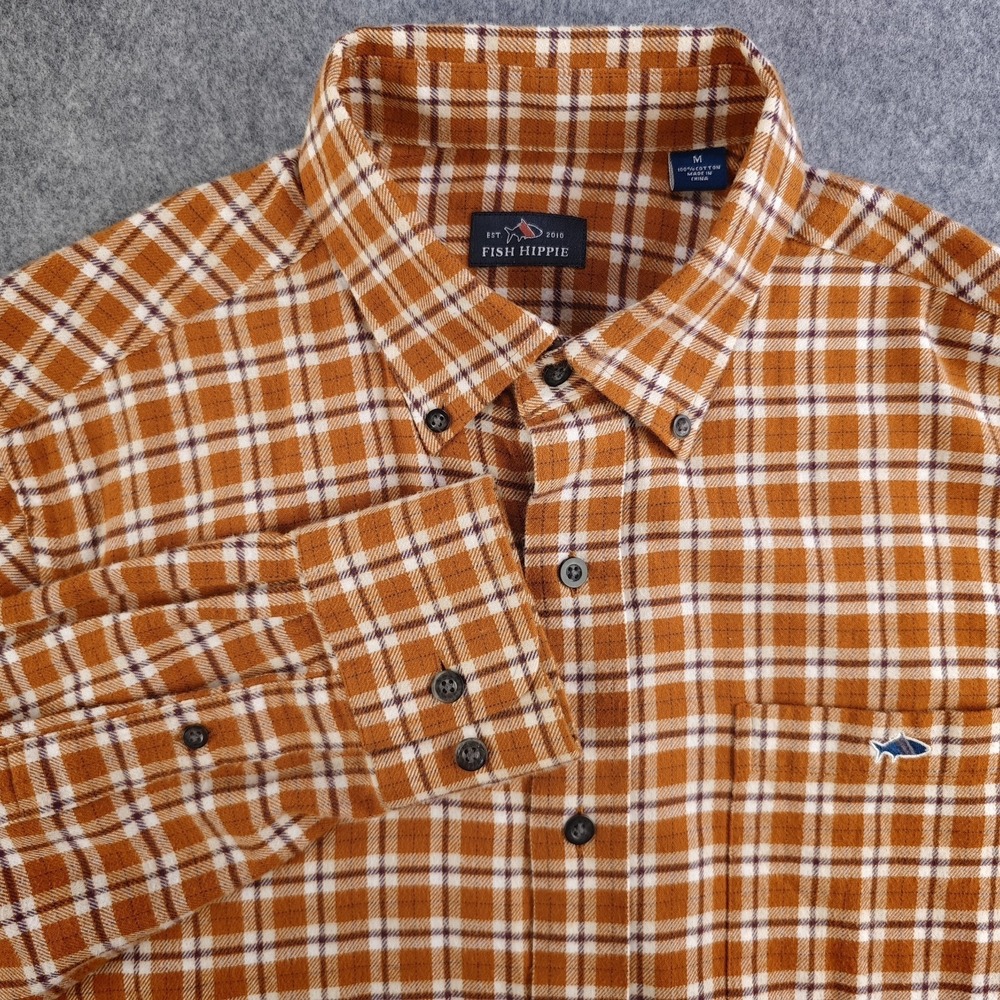Fish Hippie Shirt Mens Medium Orang Plaid Flannel Button Down Long Sleeve